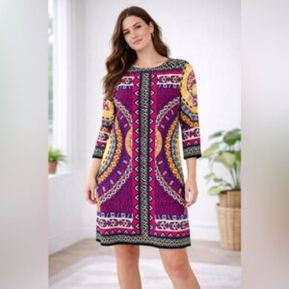 ECI Dresses & Skirts - ECI Vibrant Geometric Print Dress Long Sleeve Casual Chic Size 6